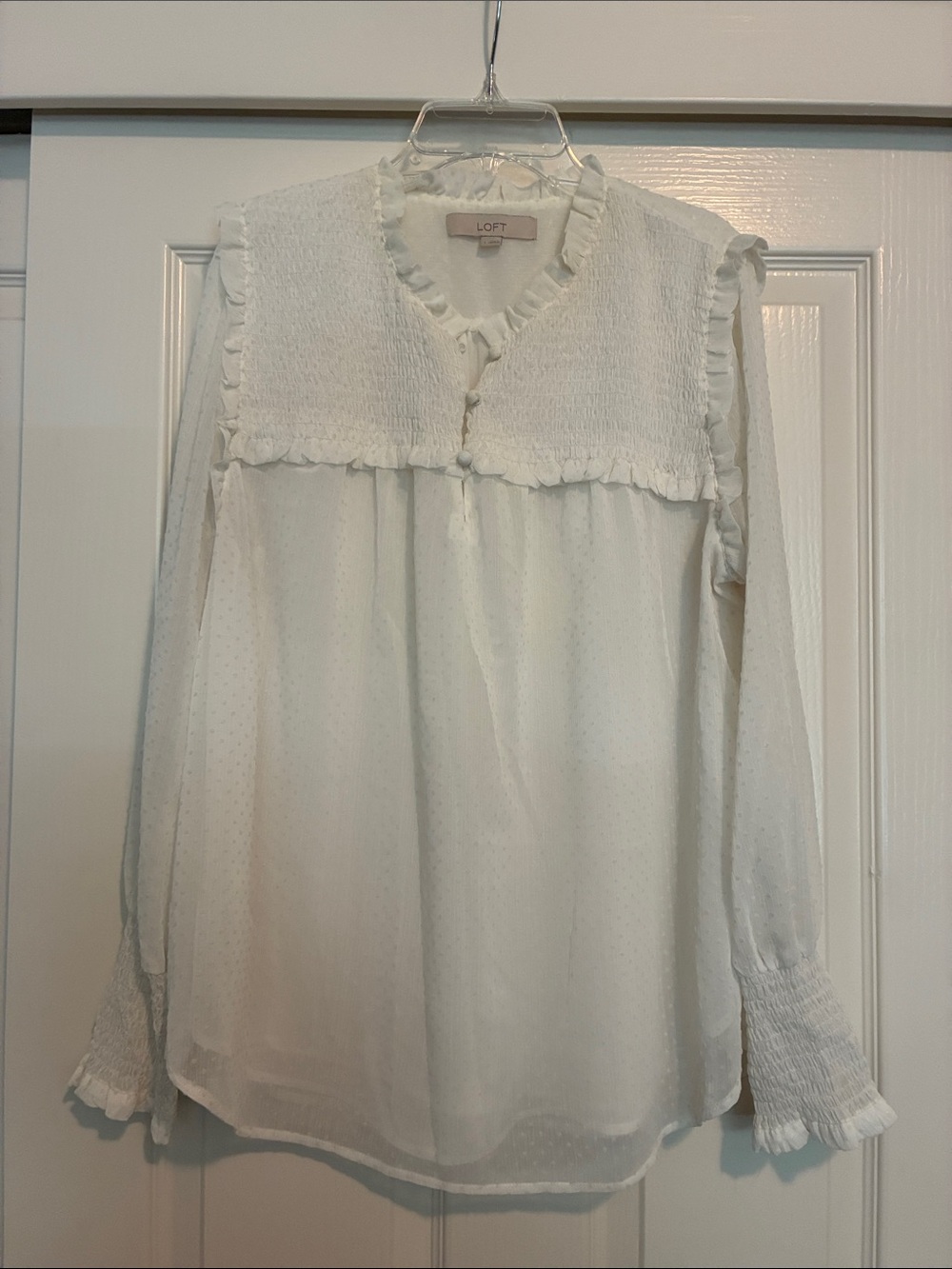 LOFTâ Cream Smocked Yoke Ruffle Blouse